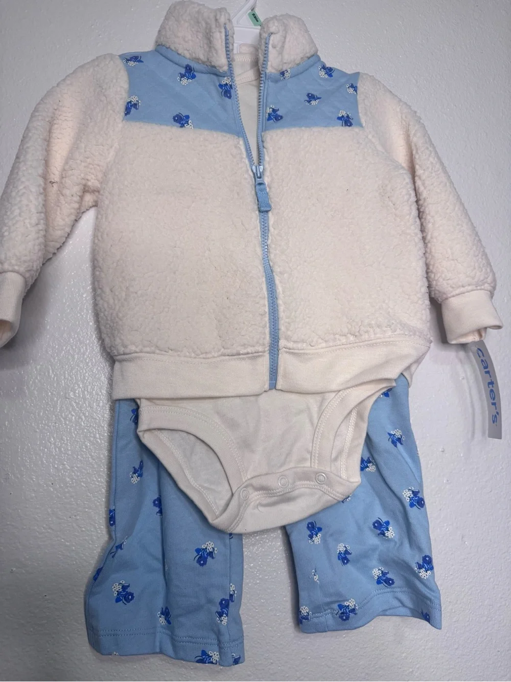 Carter's Cream Sherpa Jacket with Light Blue Floral Bodysuit & Pants Set
